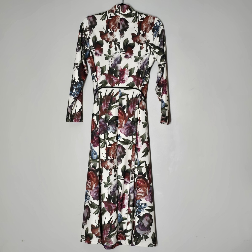 Anne Klein NWT Floral Midi Dress M Mock Neck Long Sleeve Belted Pink Ivory - Picture 6 of 8